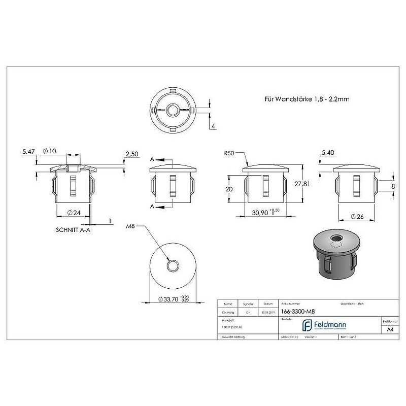 Bouchon en acier, pour tube 33,7mm