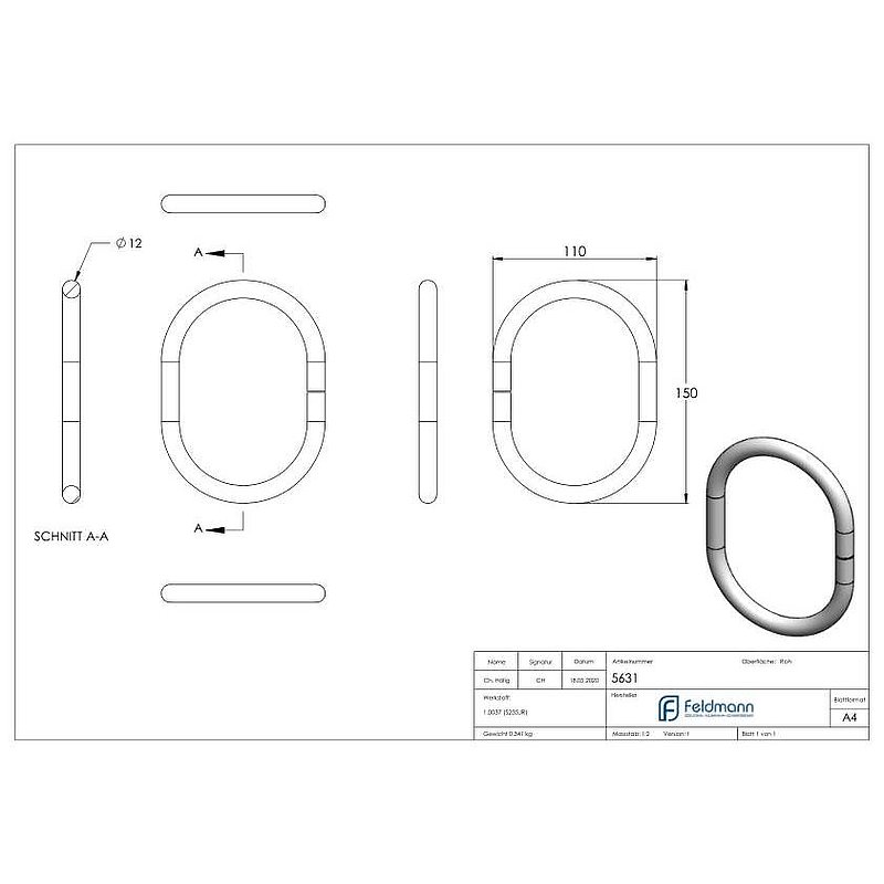 Anneau Ø12mm, oval, 150x110mm