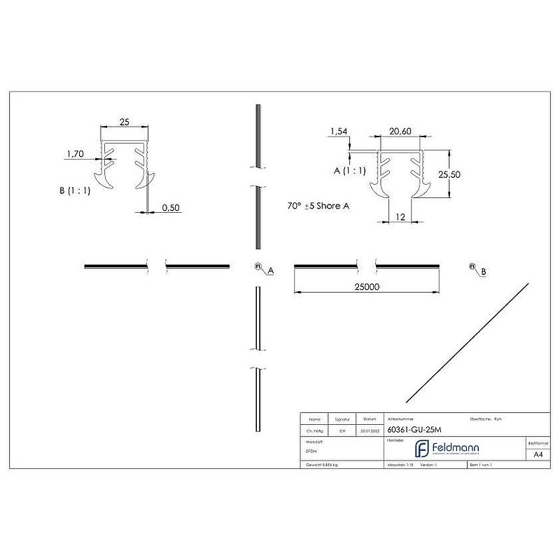 Wedge seal for glass 11.52 - 13.52mm, for groove 24x24mm, 25m, EPDM