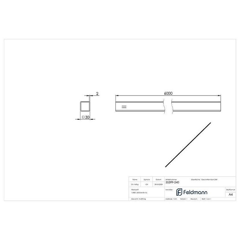 Square tube, 30x30x2,0mm, L: 6000mm, AISI304