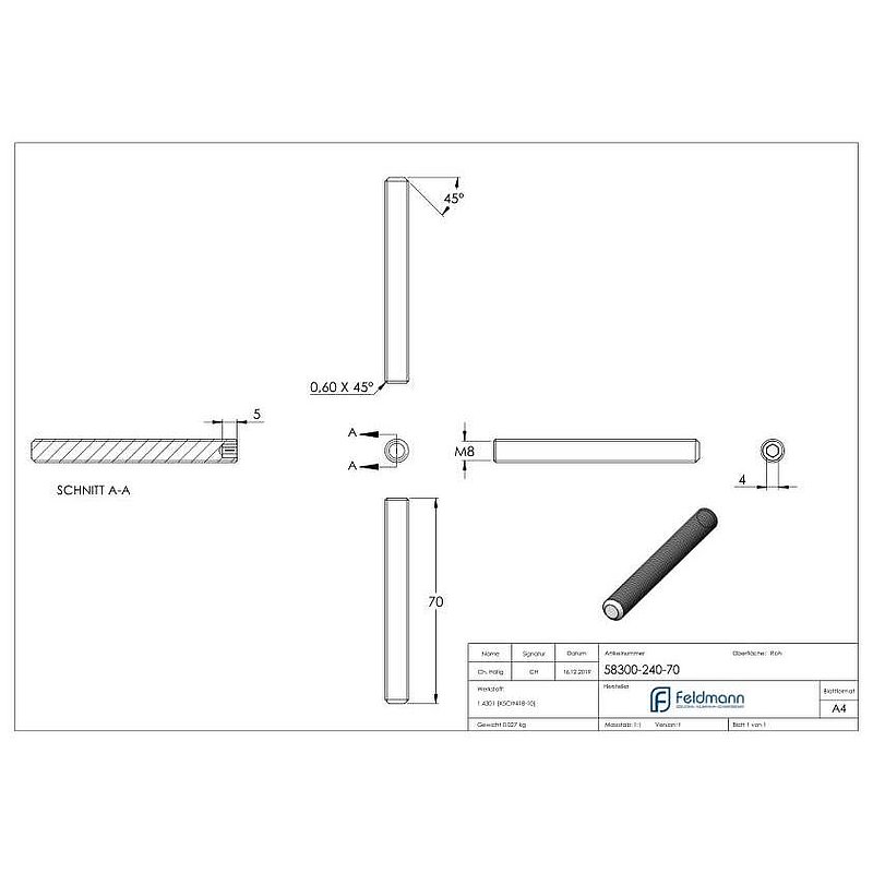 Gewindestift M8x70, V2A, DIN 913 / ISO 4026