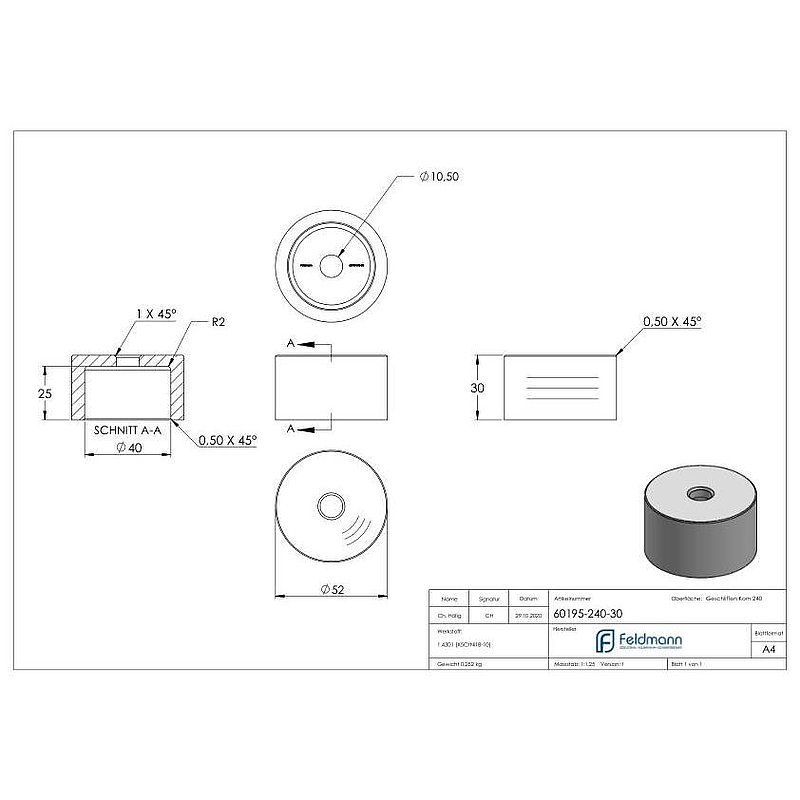 Unterteil Ø 52 mm, mit Durchgangsbohrung , t: 30mm, V2A