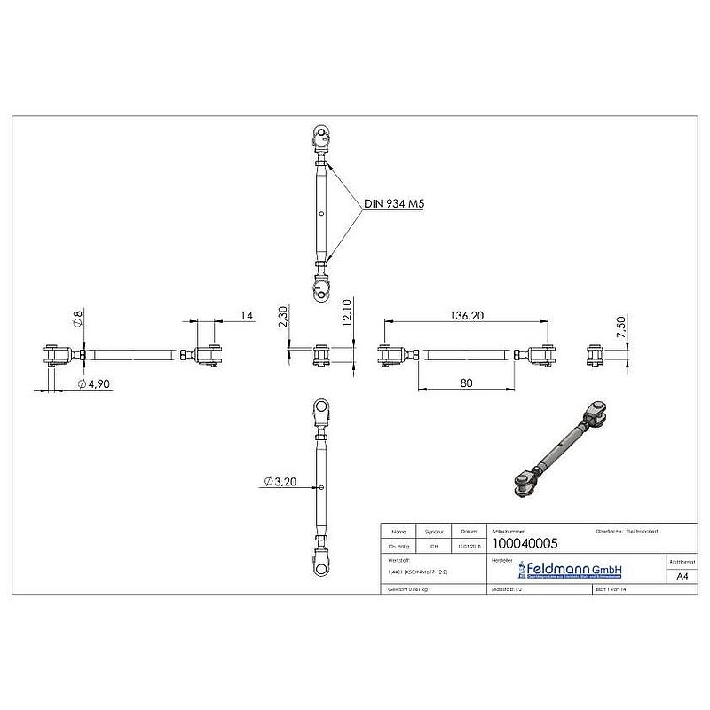 Wantenspanner Gabel/Gabel mit Gewinde M5, V4A