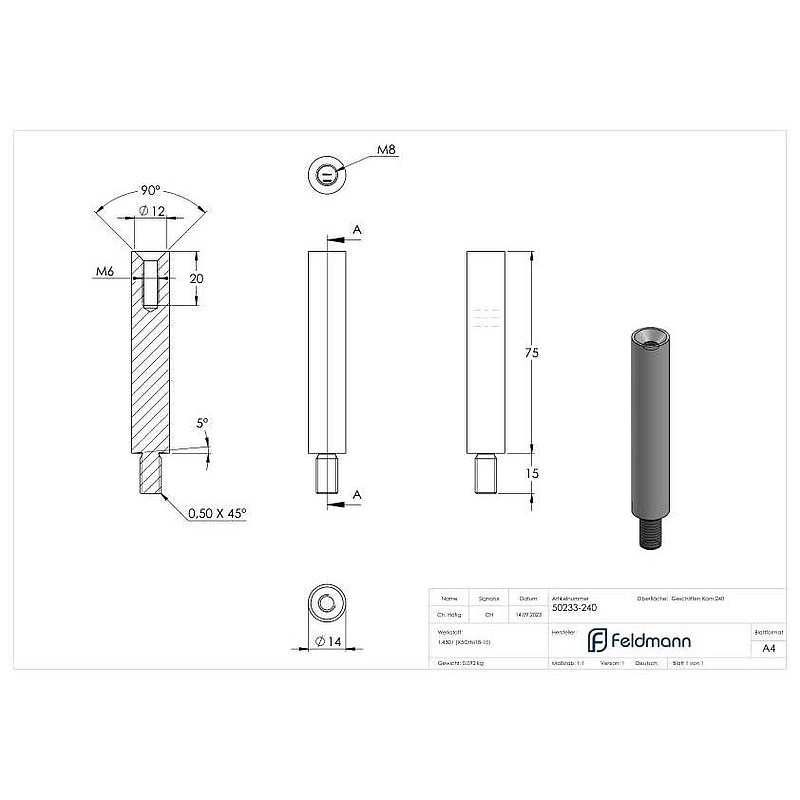 Tige Ø 14mm, L: 75mm, V2A