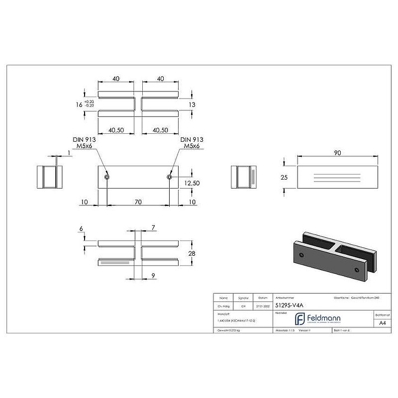 Glass connector, for glass 12 - 12.76mm, AISI316
