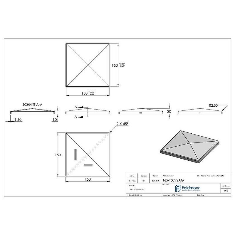 Chapeau pyramidal, pour tube carré 150x150mm, V2A