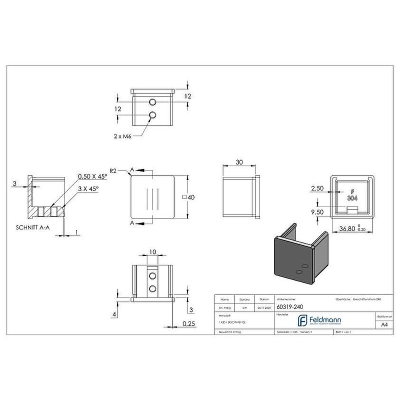 Endkappen, flach, für Quadratnutrohr 40x40mm, V2A
