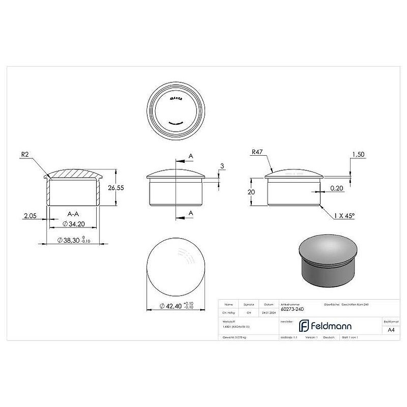 Bouchon pour extrémité de tube, pour tube 42,4x2,0mm, V2A
