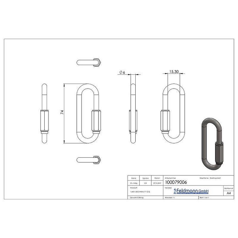 Screw connector long, 6mm, AISI316