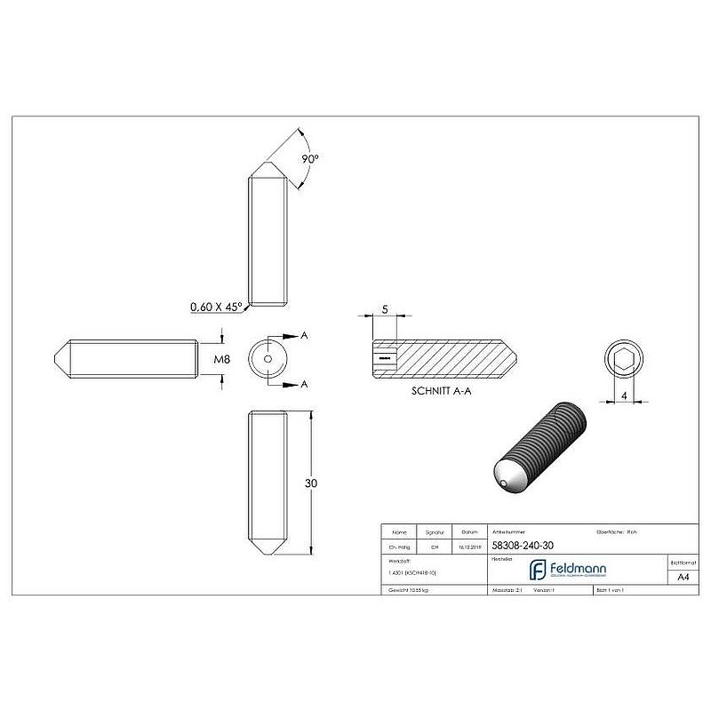 Grub screw M8x30, AISI304, DIN 914 / ISO 4027