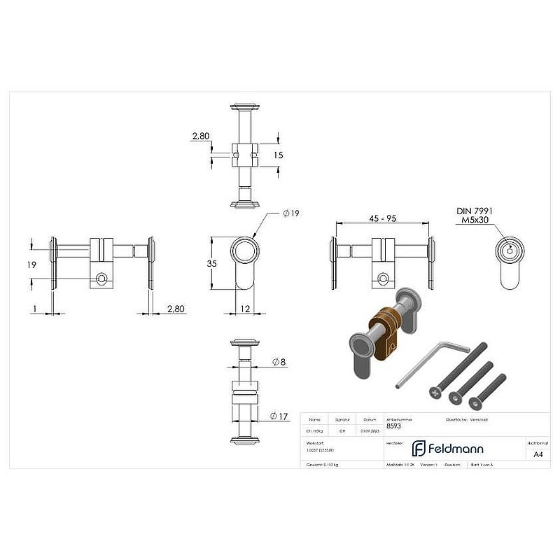 Cylindre aveugle variable pour des épaisseurs de porte de 45 - 95mm