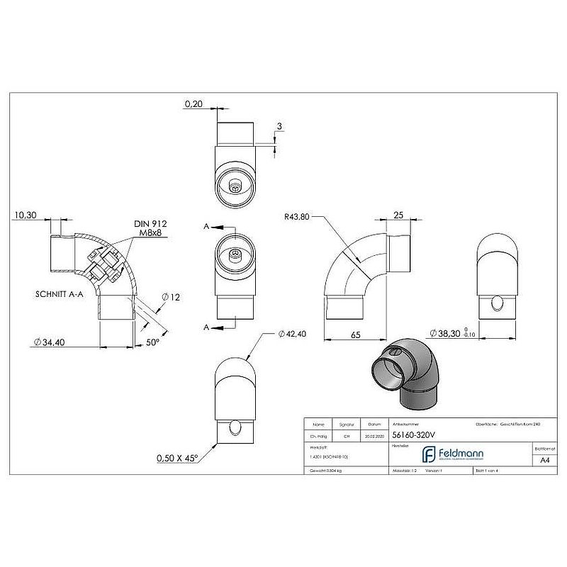 Tube bend 90°, adjustable, for tube 42.4x2.0mm, AISI304
