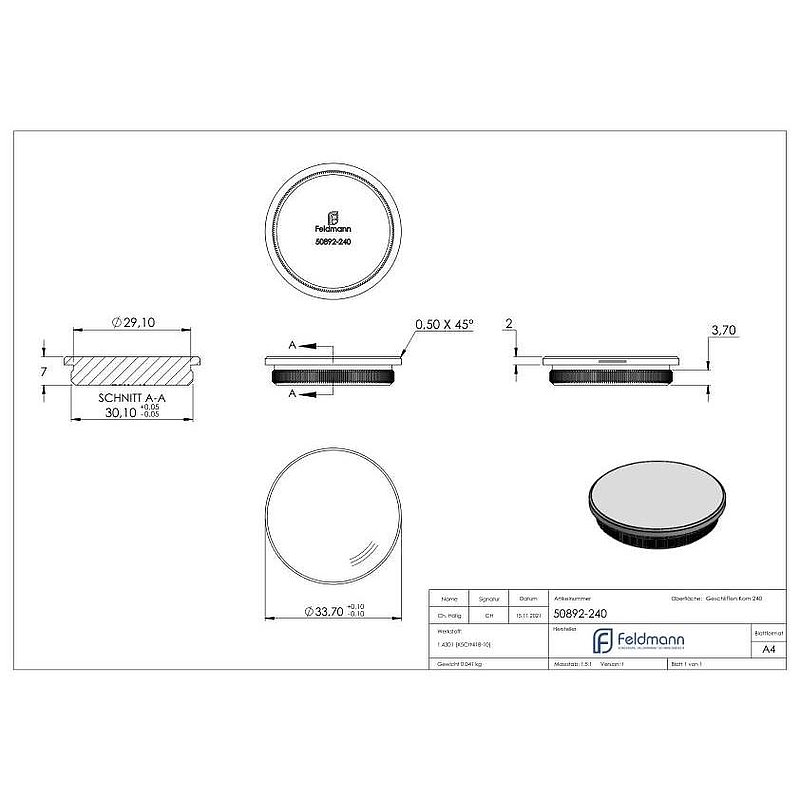 Bouchon pour extrémité de tube, pour tube 33,7x2,0mm, V2A