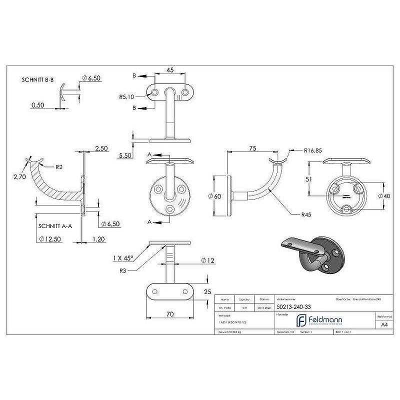 Handrail bracket with handrail connection plate 33.7mm, (round plate and bracket welded), AISI304