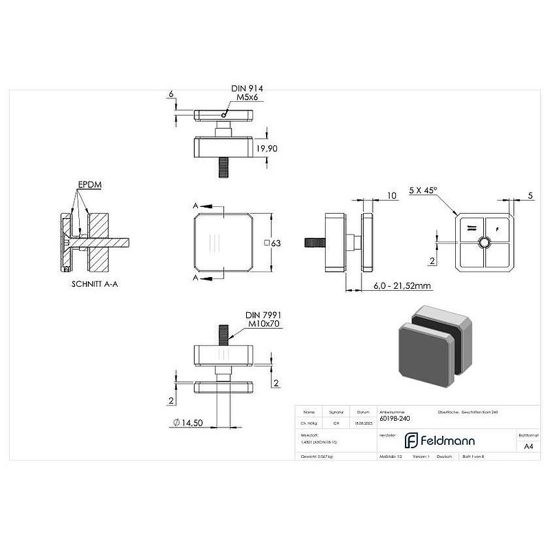 Point de fixation angulaire 63x63mm, droit, V2A