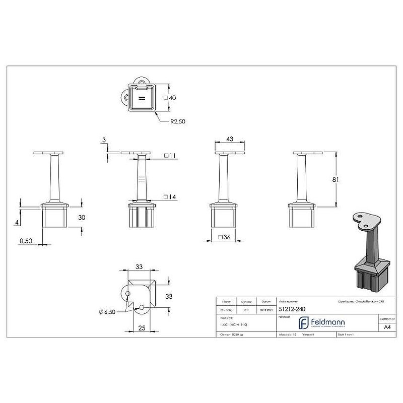 Tube end plug with pin for tube 40x40x2mm, AISI304
