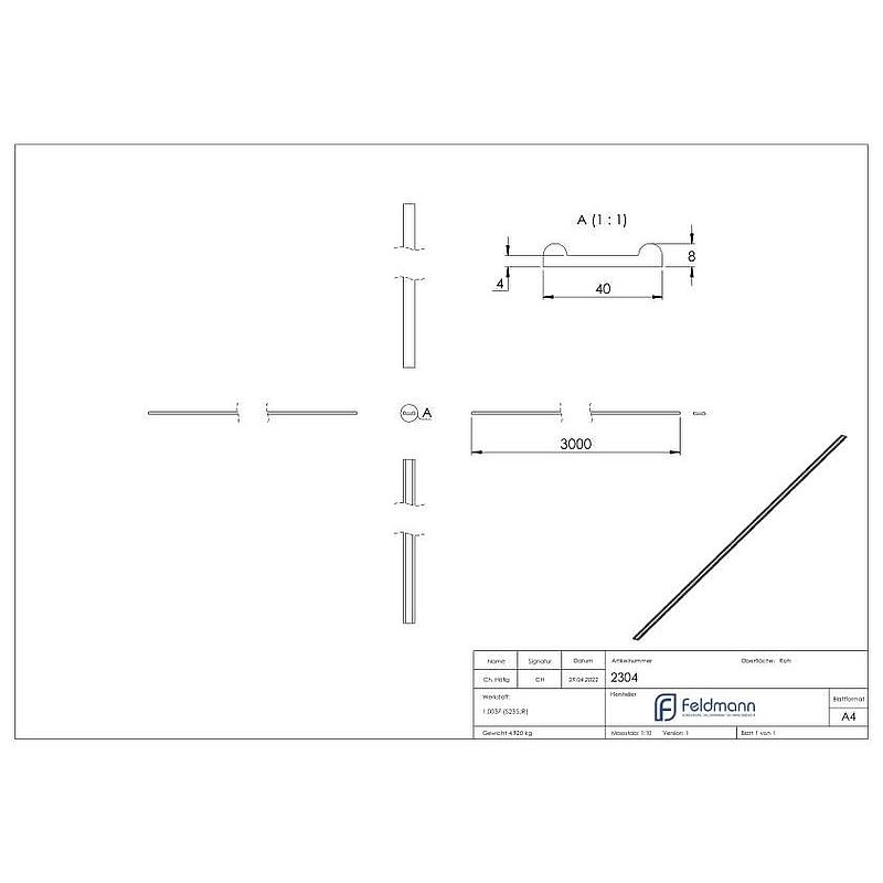 Fer plat S235JR, 40x8x4mm, L : 3000mm