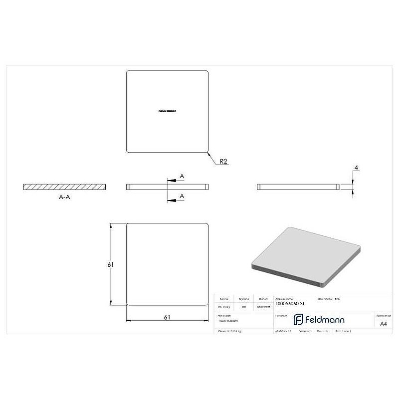 Bouchon plat 60 x 60 x 4,0mm, acier brut