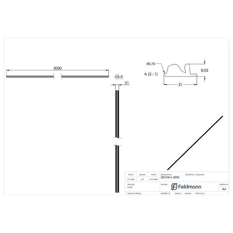 LED-Nutrohr LUNORA®, Linse für gerichtete Lichtverteilung, zum Einschieben in Abdeckung, L: 3000mm