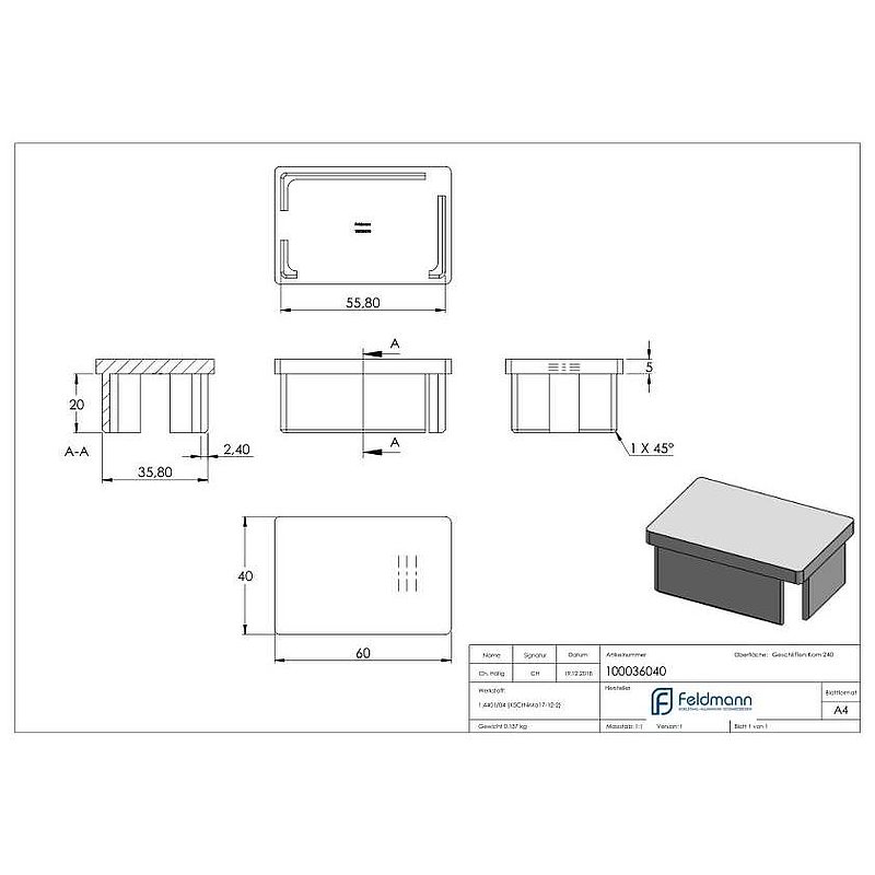 Einsteckkappe, für Rohr 60x40x2,0mm, V4A