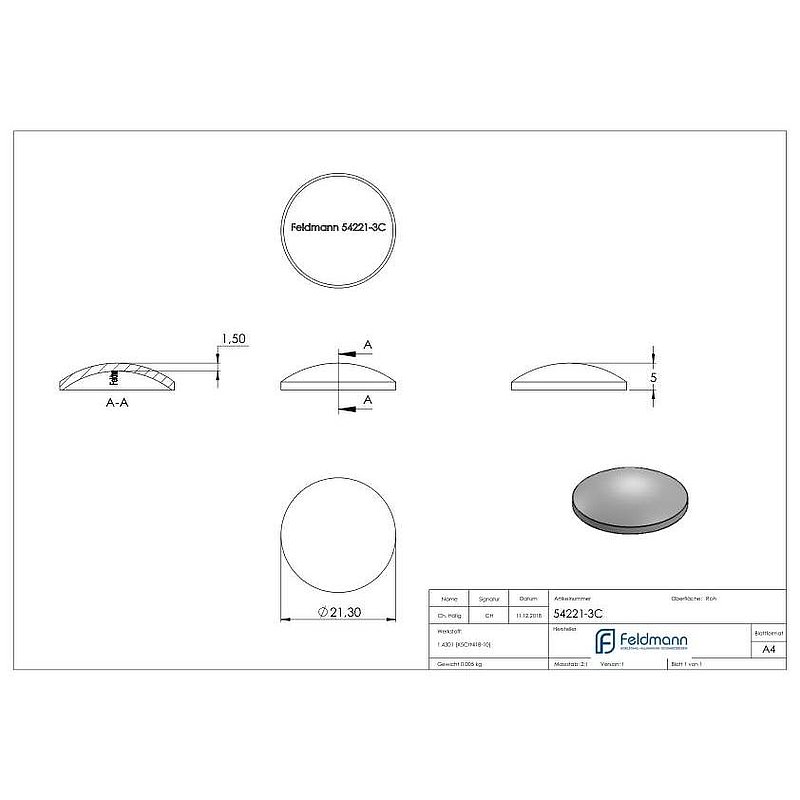 Domed bowl Ø 21.3x1.5mm, H: 5mm, raw, AISI304