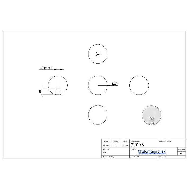 Glass ball blue Ø 60mm with blind hole 12.5mm