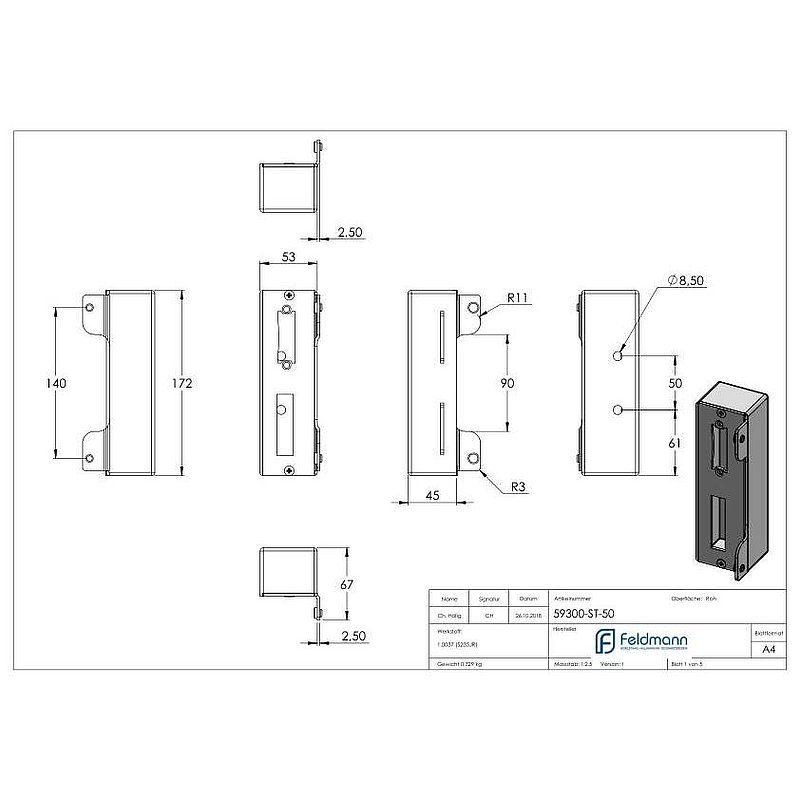 Gâche de serrure rectangulaire, avec entraxe 72mm, à souder, 50mm, acier