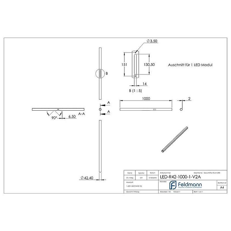Edelstahlrohr 42,4x2,0mm für LED Module, V2A