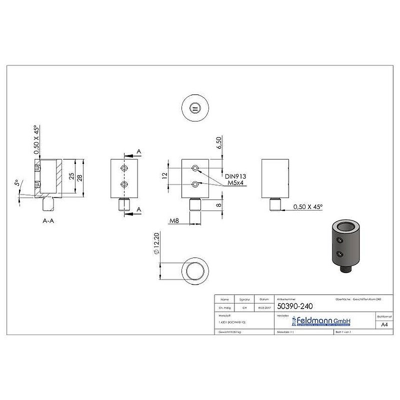 Plug-in piece for handrail retaining ring, AISI304