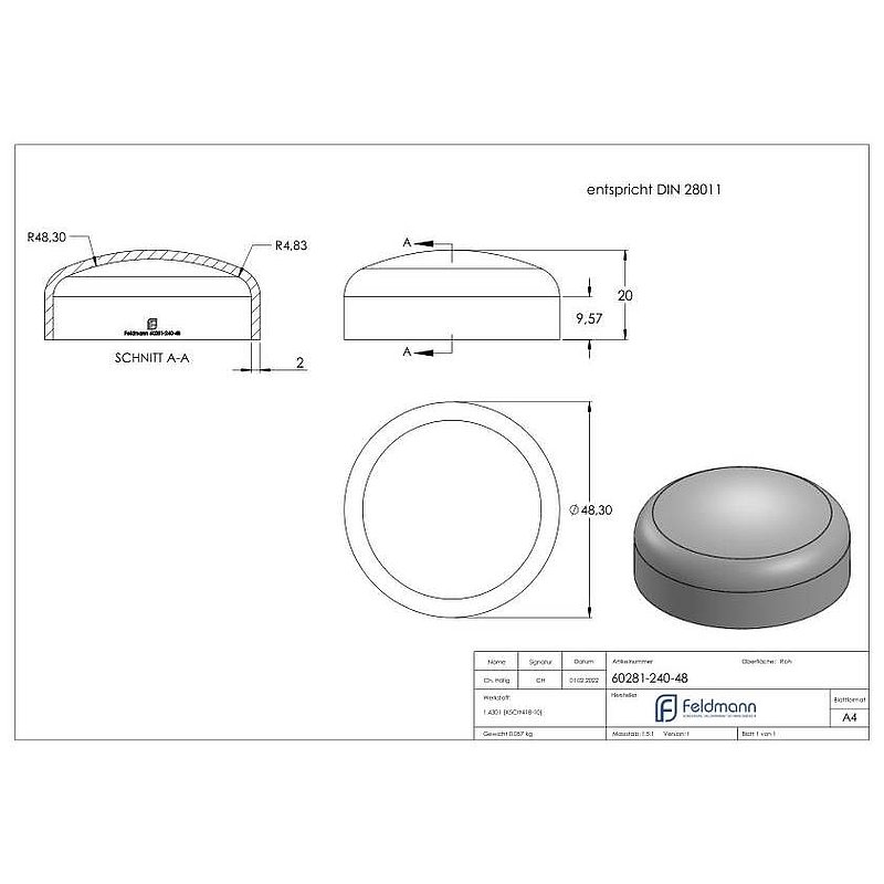 Fond bombé 48,3x2,0mm, DIN 28011, V2A