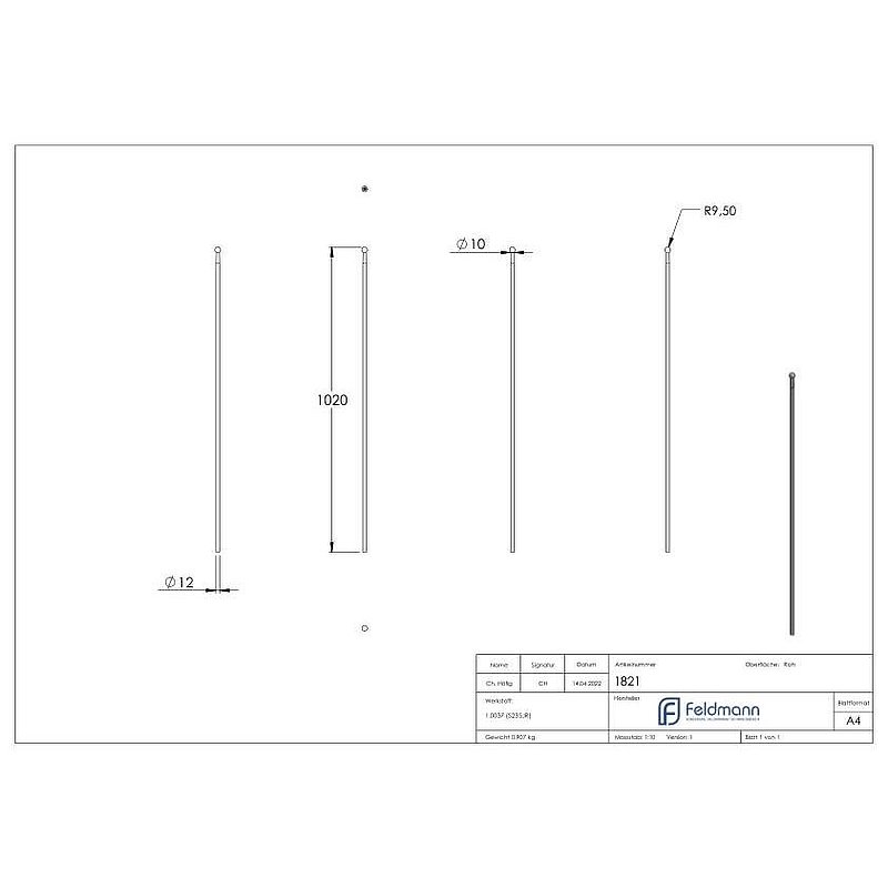 Zaunstab Ø 12mm, H: 1020mm, Kugel 19mm