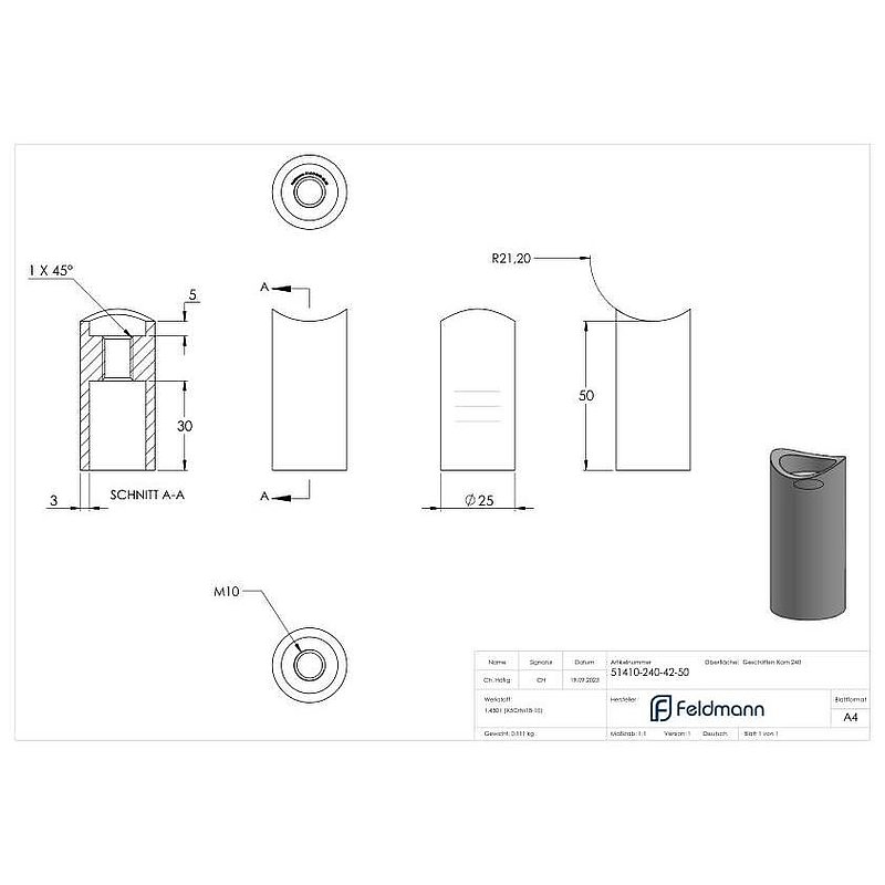 Wandhalter für Rohr 42,4mm, L: 50mm, V2A