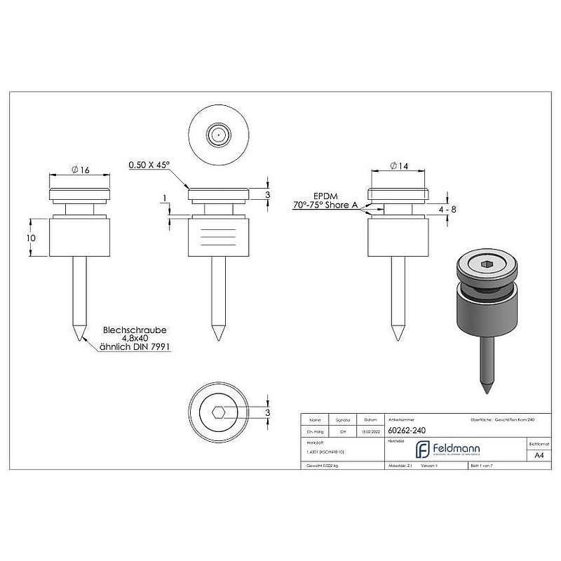 Glass point holder 16mm, connection: flat, AISI304