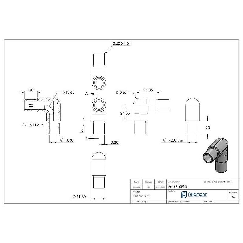 Tube coudé à 90° étroit, pour tube Ø 21,3x2,0mm, V2A