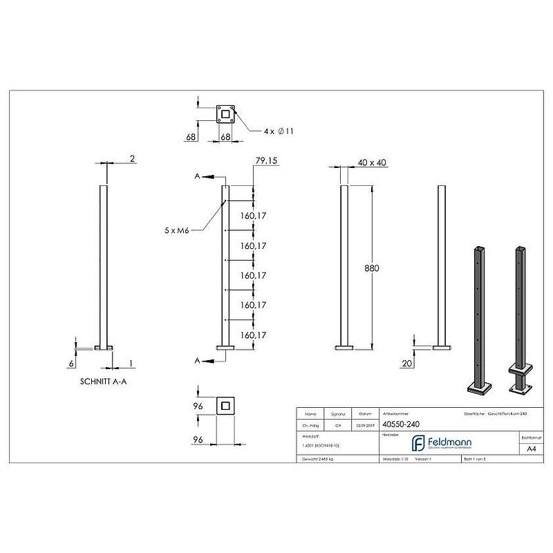 Edelstahlpfosten V2A zur Bodenmontage, H: 880mm