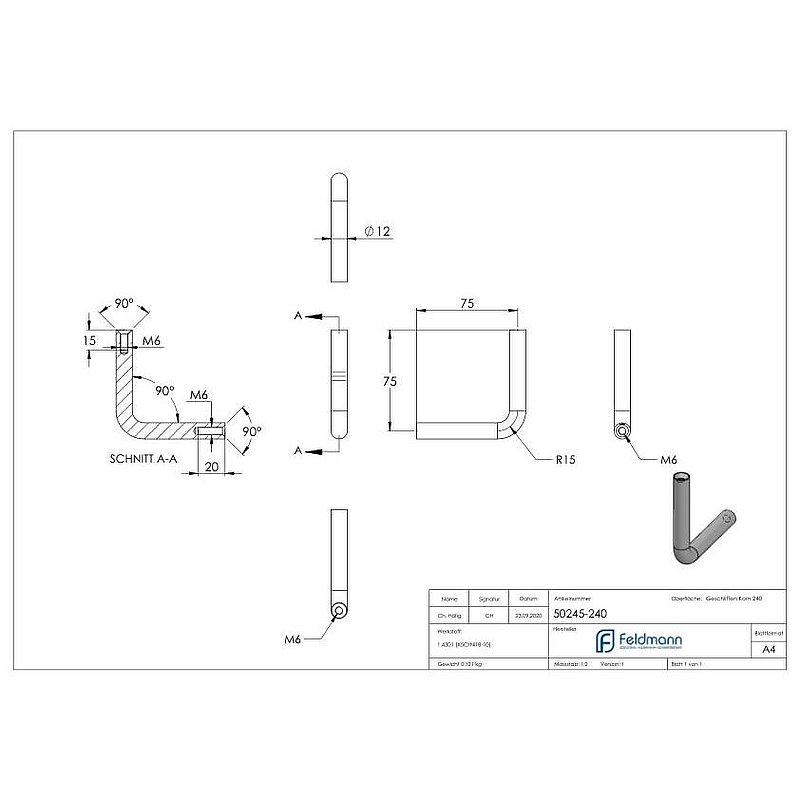 Bracket Ø 12mm, 90° bent, AISI304