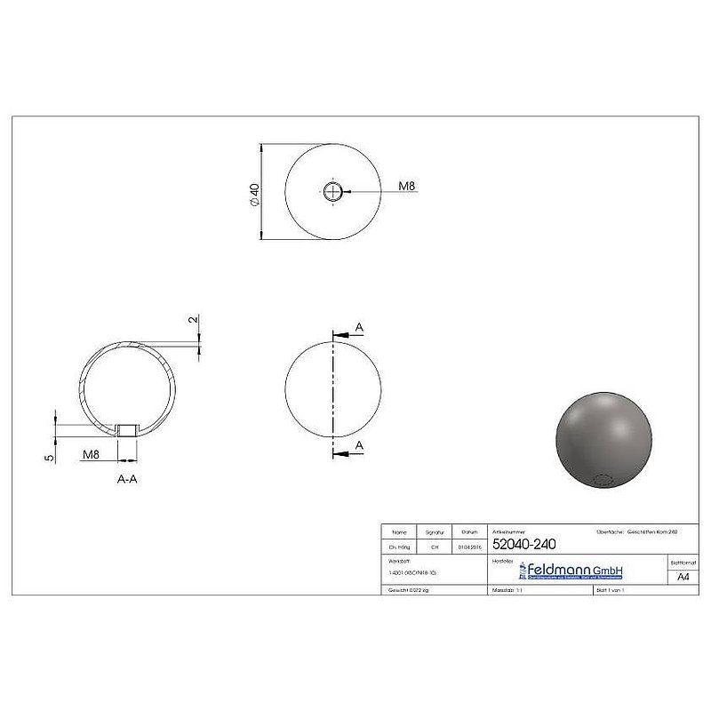 Boule creuse Ø 40mm avec taraudage M8, V2A
