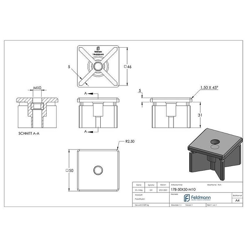 Bouchon plastique pour tube carré 50x50mm avec M10