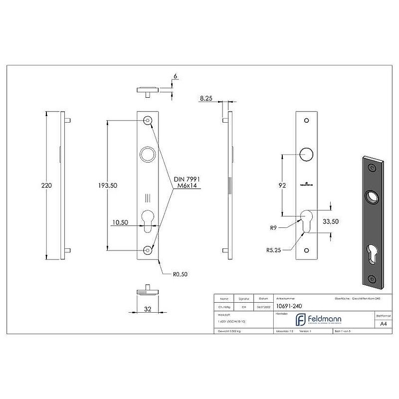 Langschild, Abmessung: 32x220x6mm, V2A