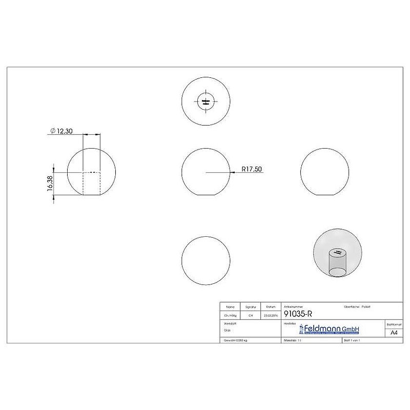 Glass ball red Ø 35mm with blind hole 12.3mm