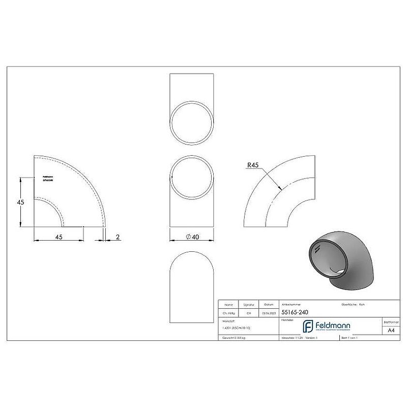 Schweißbogen 90°, 40,0 x 2,0mm, ungeschliffen, V2A