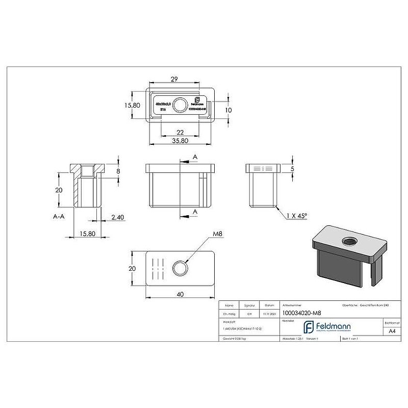 Capuchon à enfoncer, pour tube 40x20x2,0mm, V4A