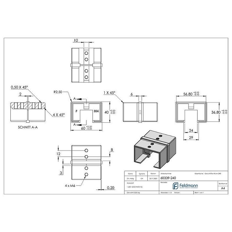 Verbinder für Rechteck-Nutrohr 60x40mm, V2A