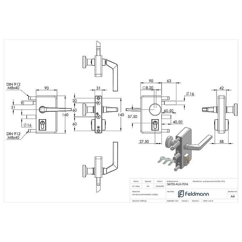 Gittertorschloss GTS 2 mit Anti-Panik-Funktion für Rohrstärke 40-60mm, Gehäuse RAL 7016