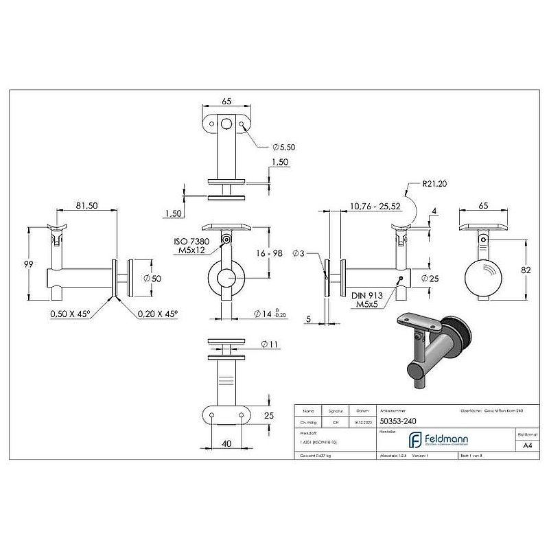 Handrail holder for glass, hinge, handrail connection plate 42.4 mm, AISI304