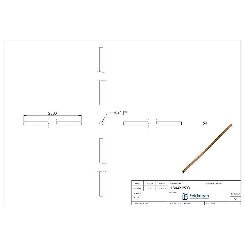 Wooden handrail beech, Ø42,4mm, L: 2500mm