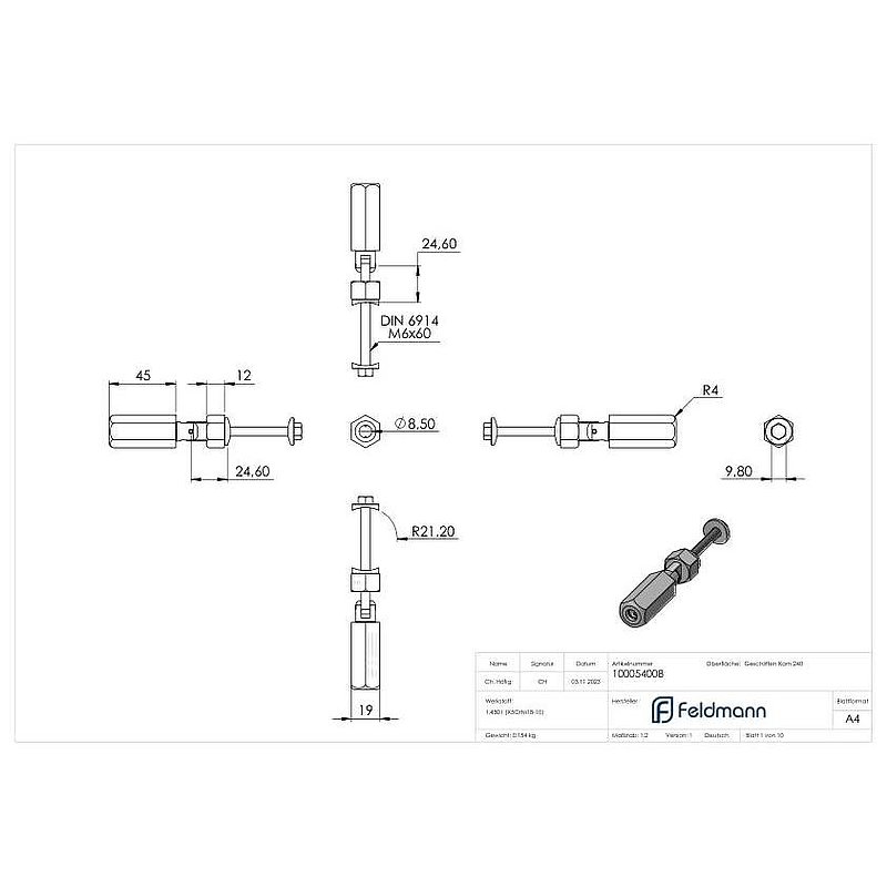 Threaded terminal for self-assembly, rope 8mm, AISI304