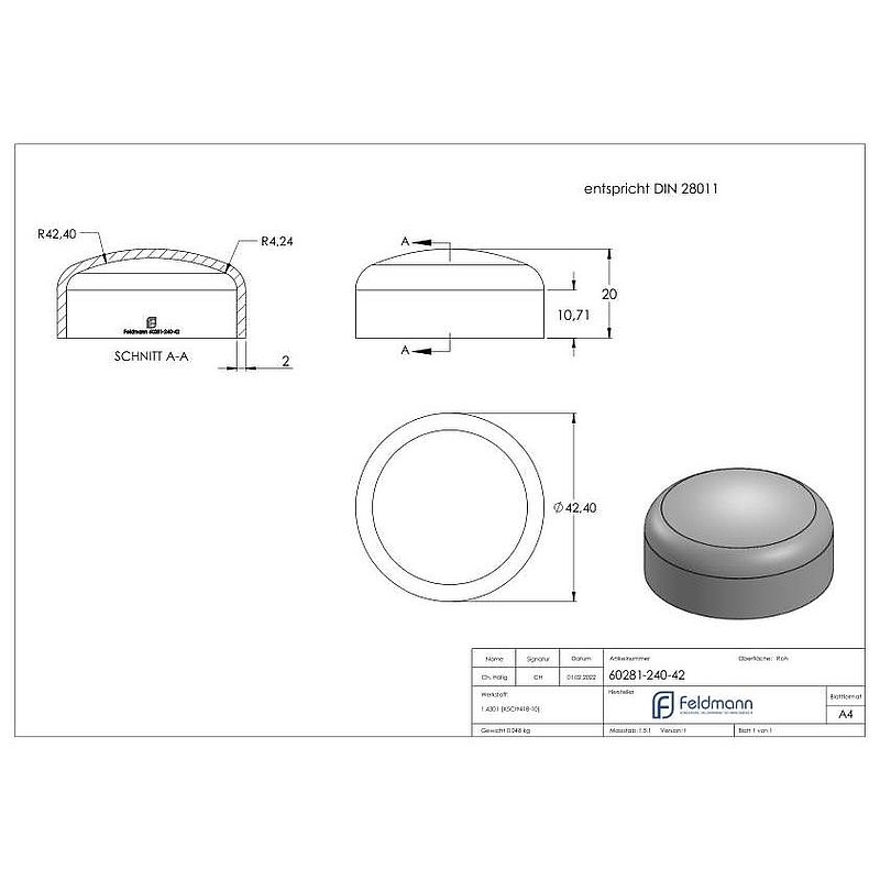 Fond bombé 42,4x2,0mm, DIN 28011, V2A