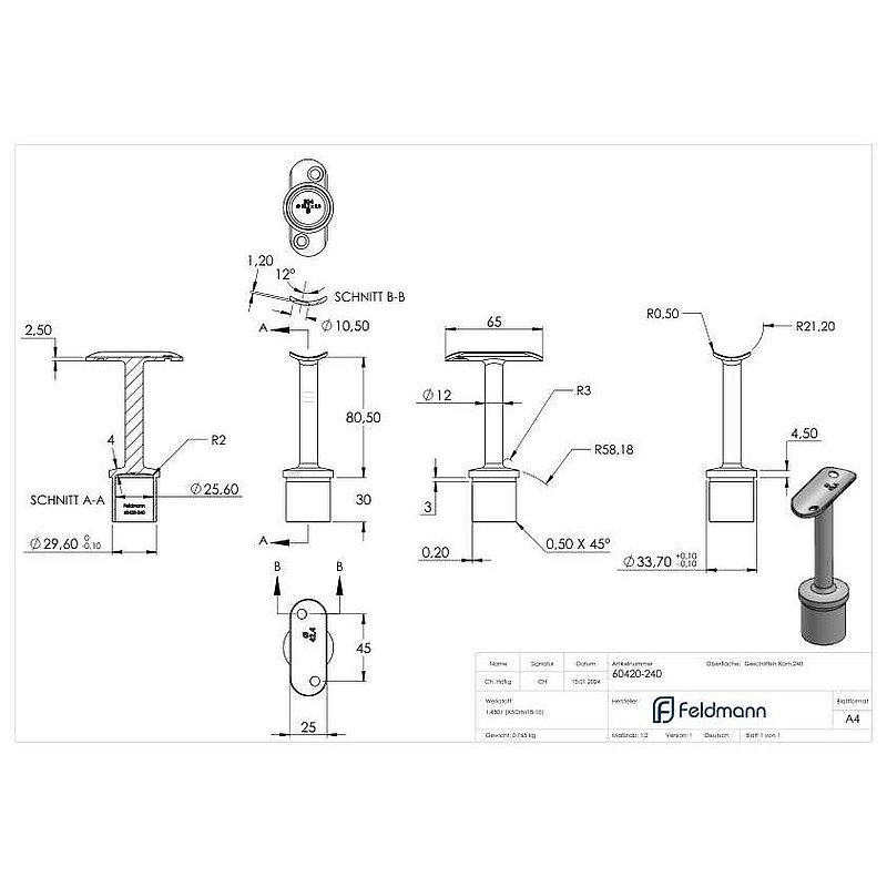 Rohrabschlussstopfen für Rohr 33,7x2,0mm, Handlaufanschlussplatte: 42,4mm, V2A