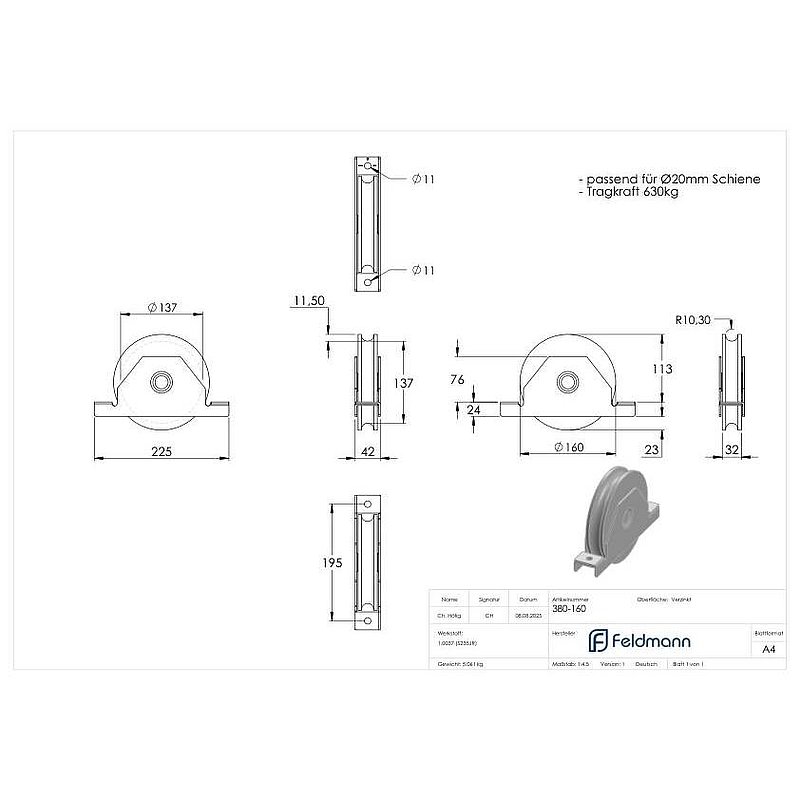 Schiebetorrolle mit Rundrille, Ø 160mm, für Schiene Ø 20mm, 2 Kugellager, verzinkt